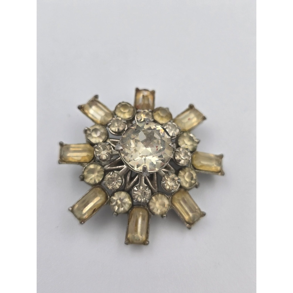 Vintage Starburst Rhinestone Brooch Pin Silver Tone Baguette Round Cut Crystal‎